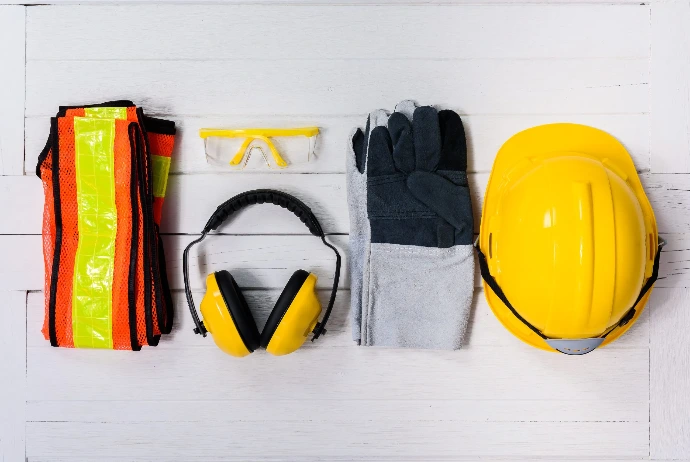 Mine safety gear: reflective vest, safety glasses, ear muffs, work gloves and yellow hard hat