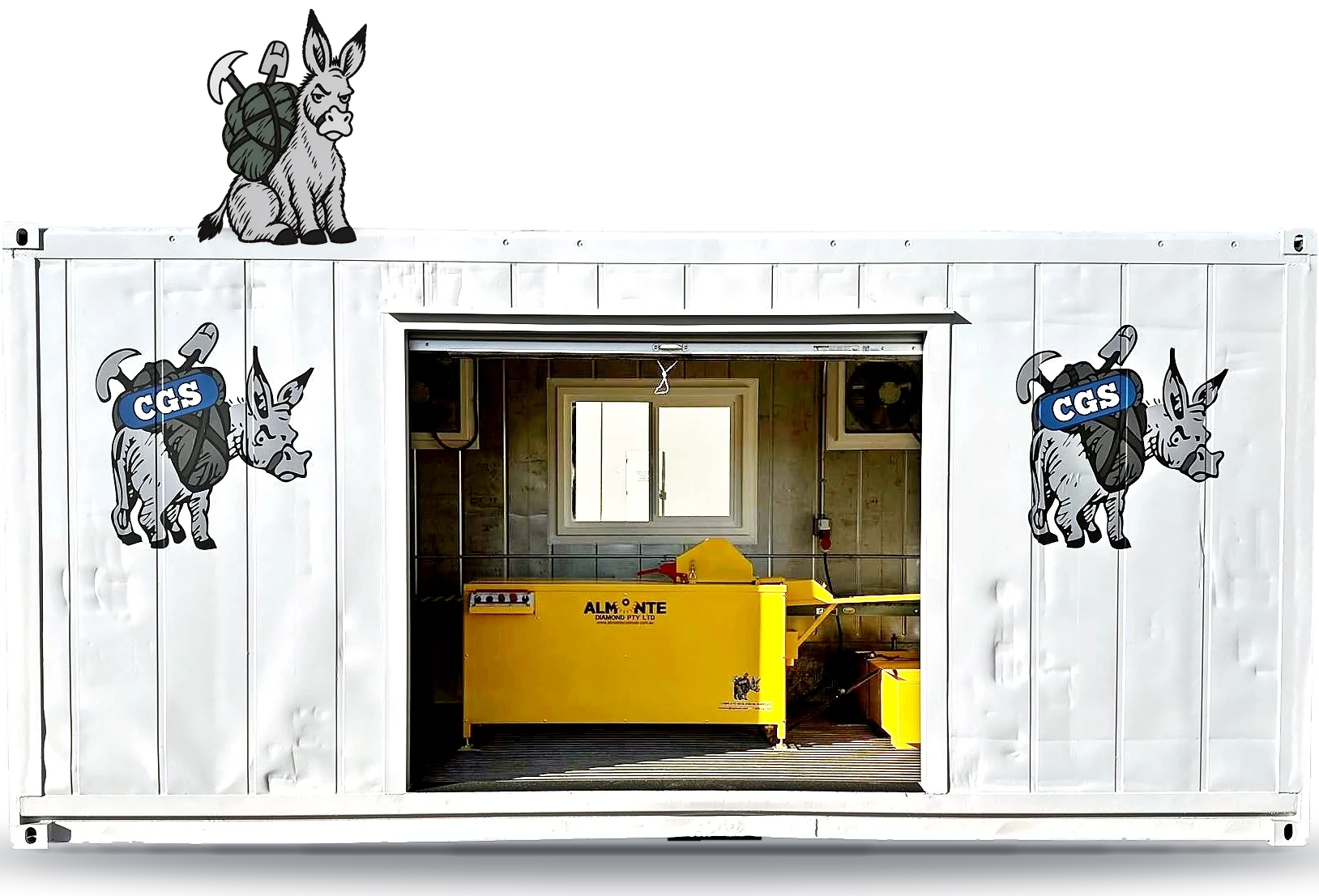 The Mule Shed core cutting container with the door open, Almonte core saw inside and the CGS Mule sitting on the roof