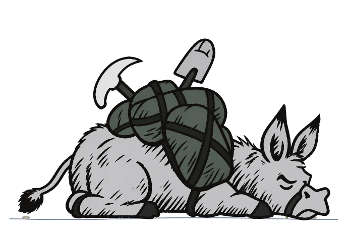 The CGS Mule napping with his pack of field gear, a rock pick and a shovel
